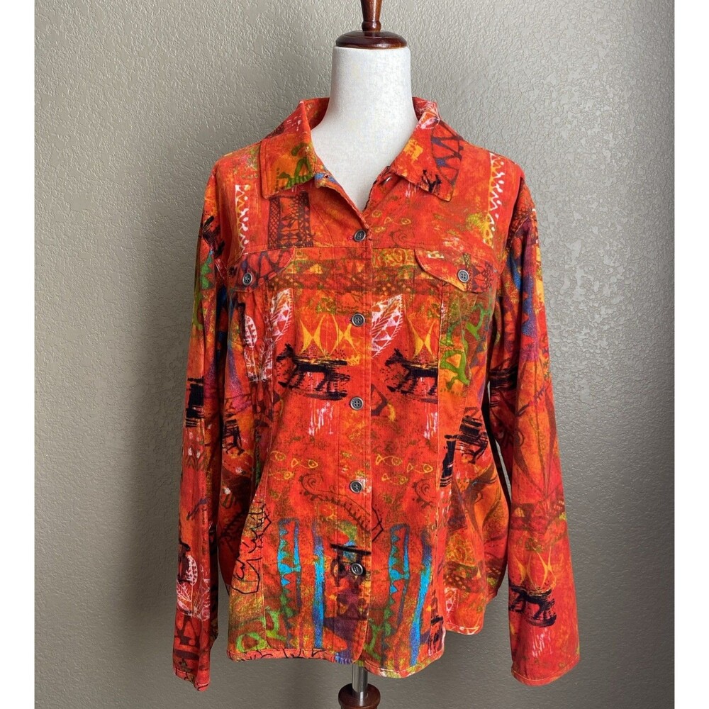 Chico’s Women’s Size 3 Orange Button-Down Shirt Jacket Bohemia Alicia LS Top